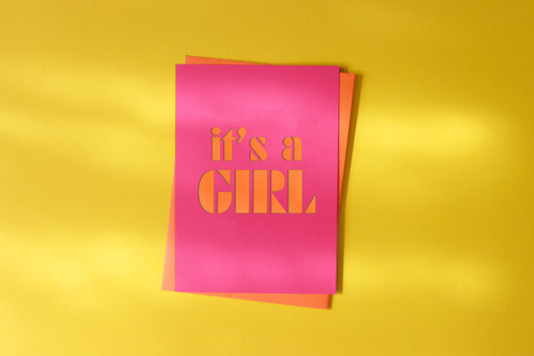 cutkaart wenskaart geboorte its a girl colorplan hot pink